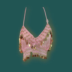 Pink layered coin halter neck tie top